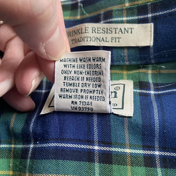 L.L. Bean Shirt Mens Size XL Blue Green Plaid Button Up Wrinkle Resistant Preppy - Picture 7 of 7